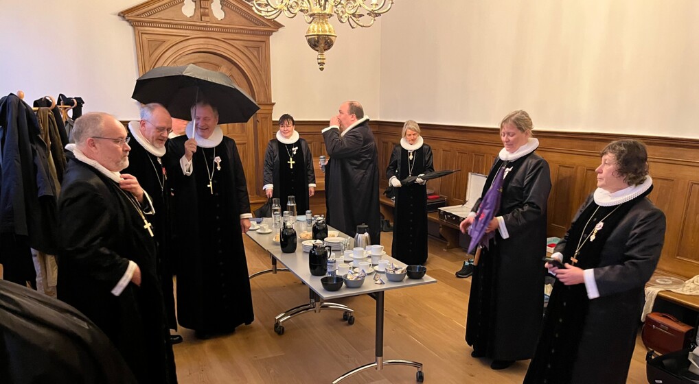 Billede af otte biskopper inden deres møde med dronningen